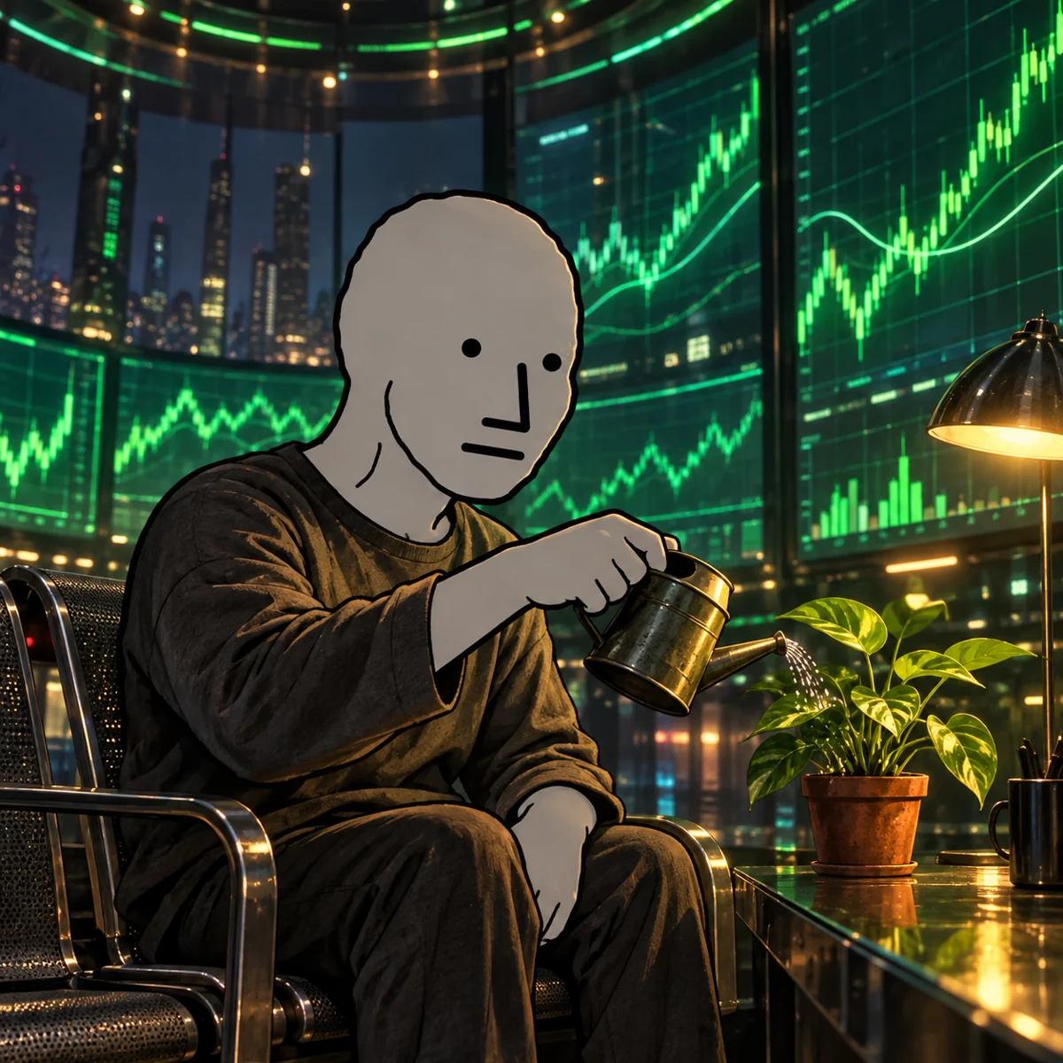 NPC quietly waters a plant on a trading floor.