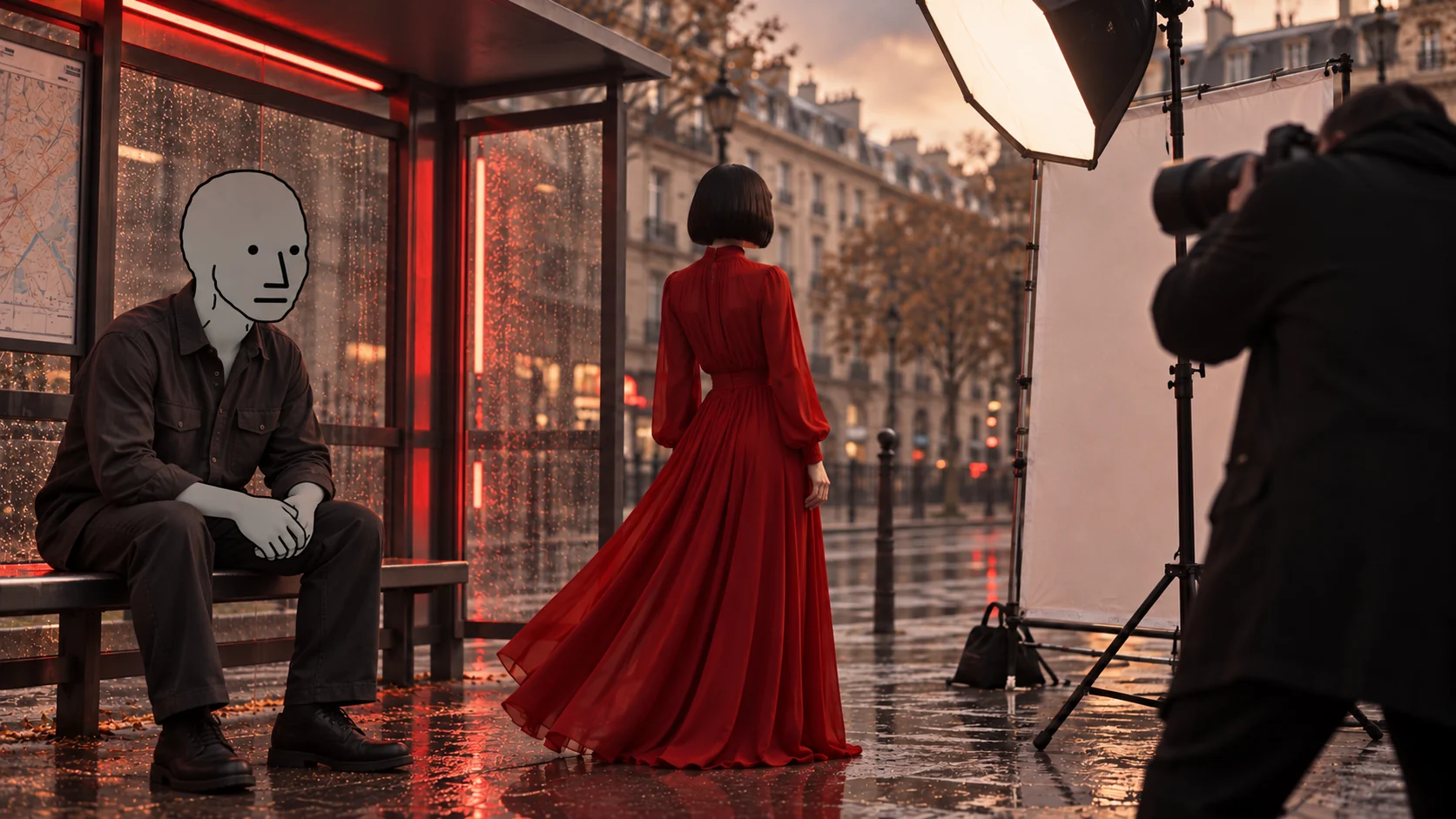 NPC waiting at a bus shelter during a fashion shoot.