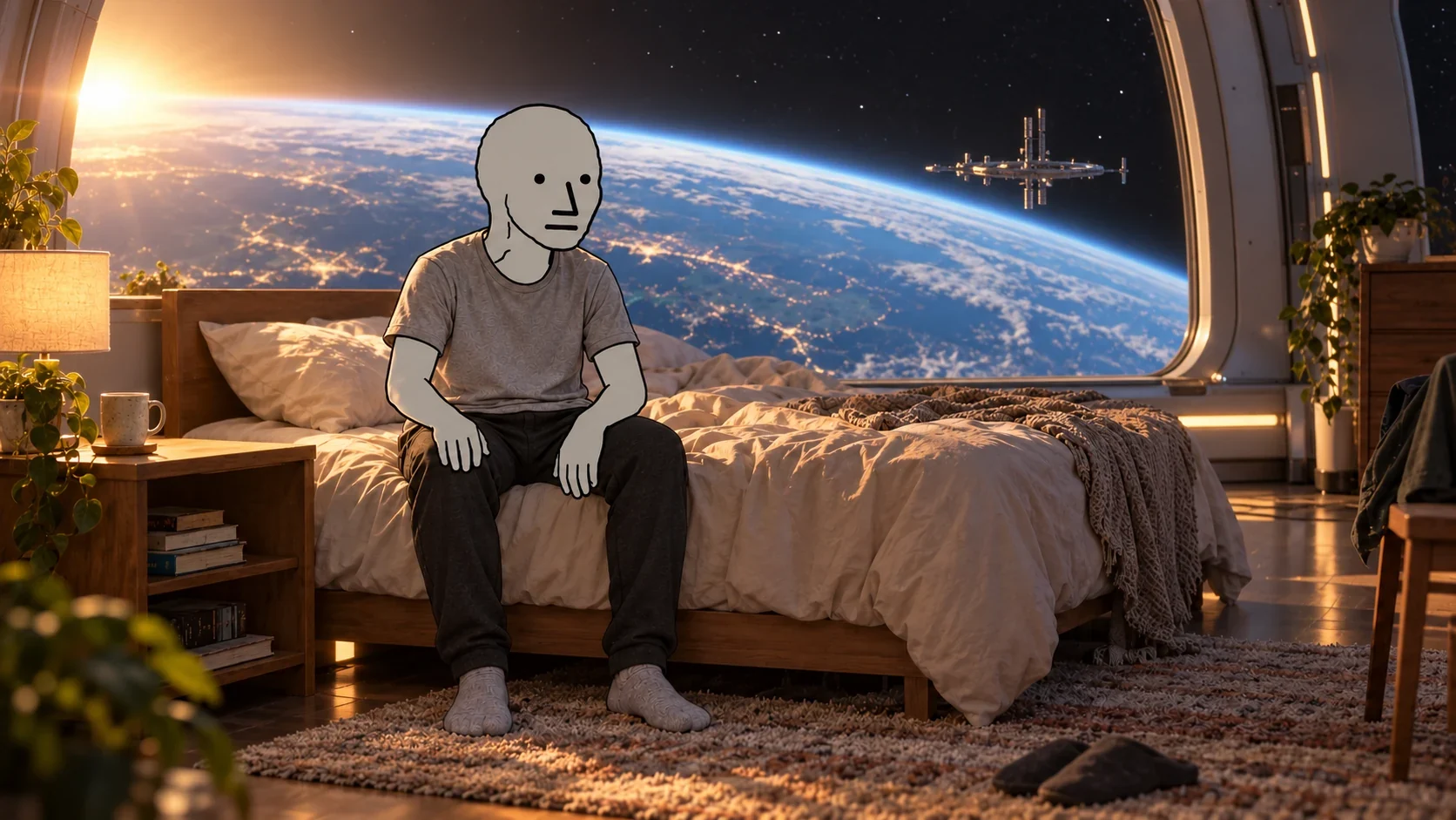 NPC sits on the edge of his bed, overlooking Earth from an orbital apartment.